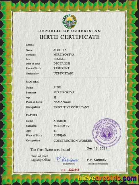 Uzbekistan birth certificate